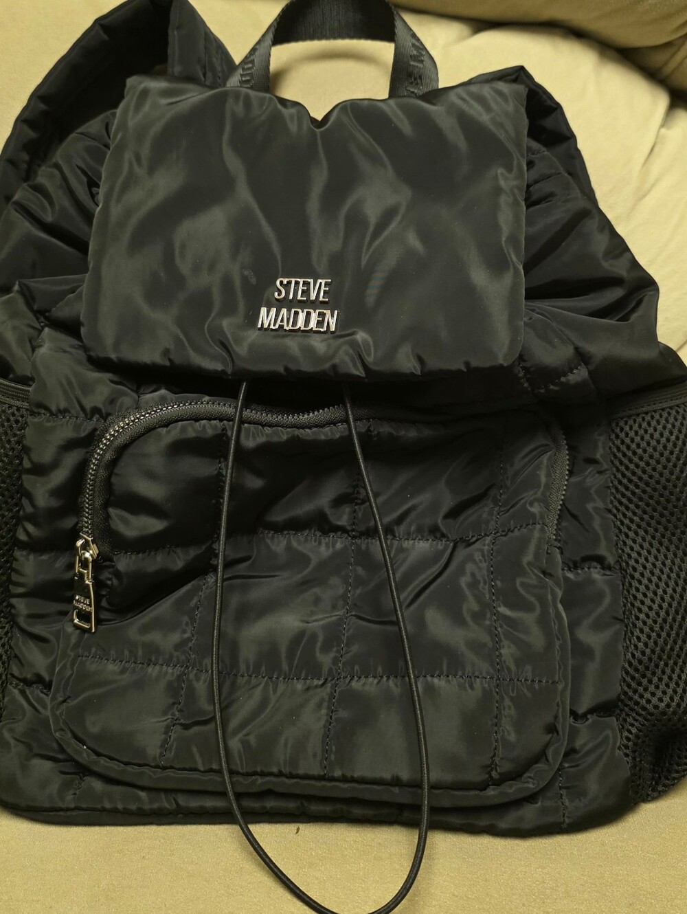 Steve Madden Black Quilted Nylon Backpack with Front Zip Pocket